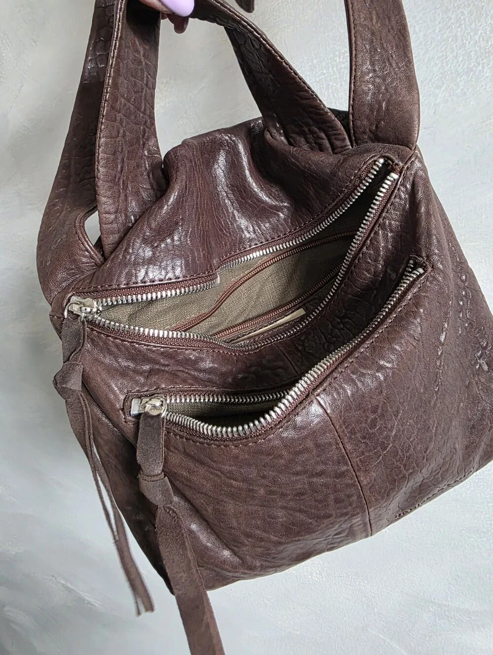 Daniella Lehavi Chocolate Brown Texture Leather Top Handle Crossbody Slouchy Bag